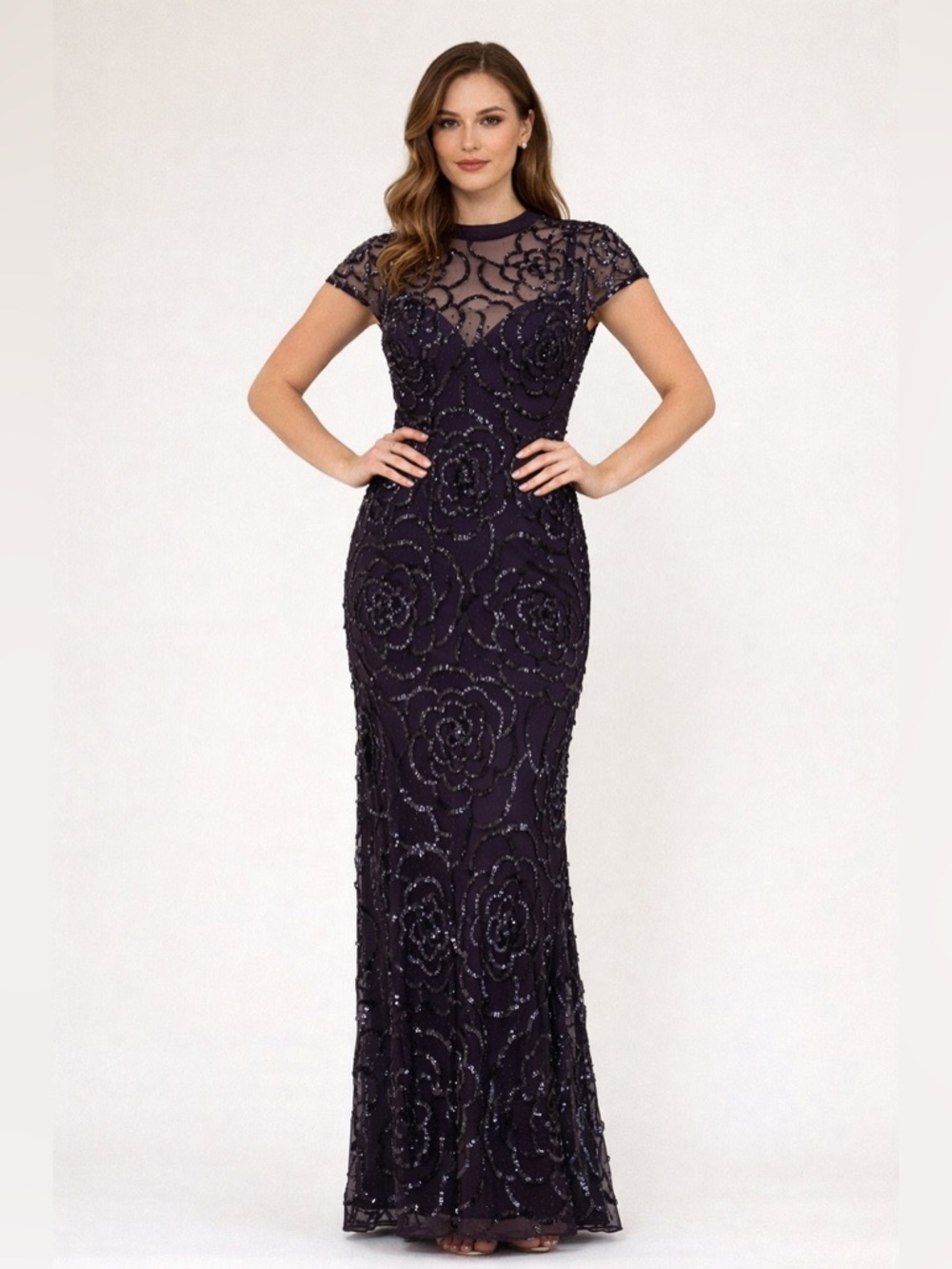 Aidan Mattox Navy Shear Floral Patterned Sequined Gown Size 2